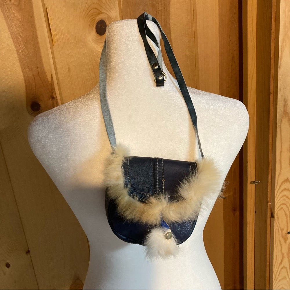 Genuine Leather blue, gray, black, and Cream Fur-Trimmed Kids pouch cross body